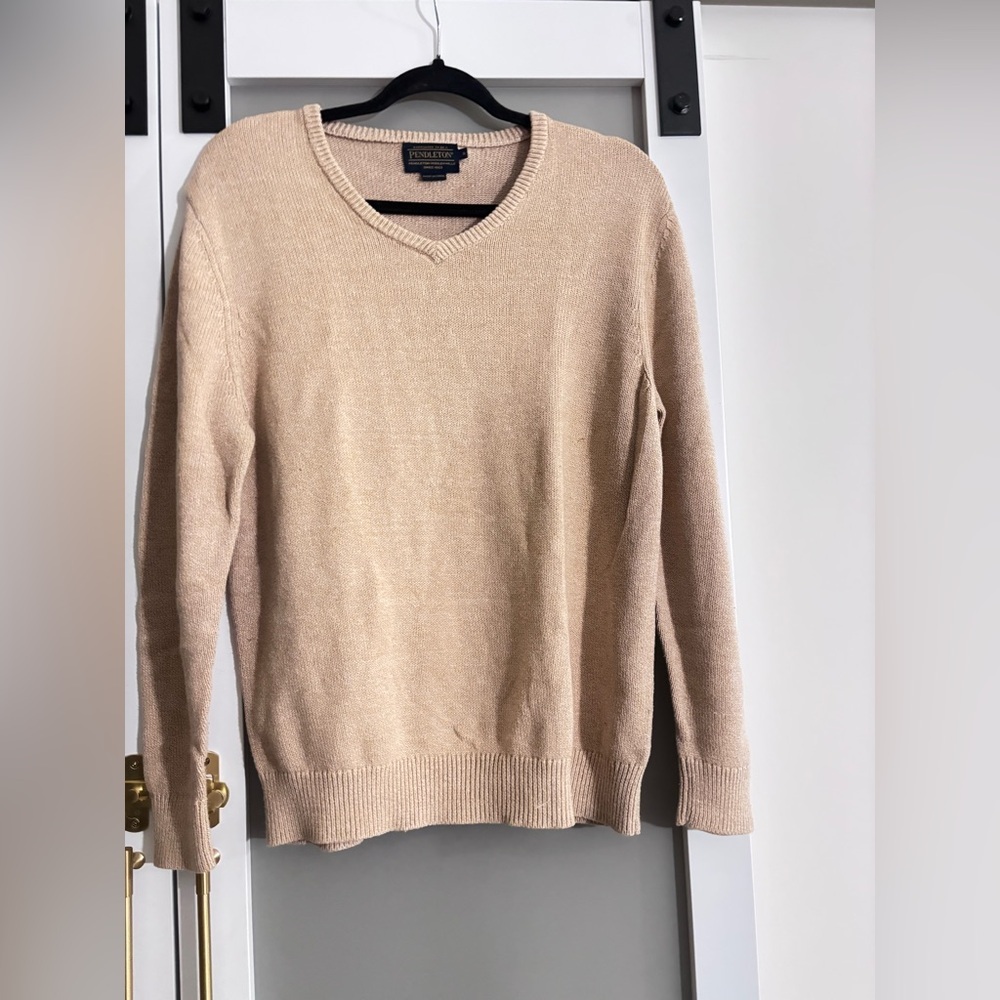 Pendleton V-Neck Cotton & Cashmere Sweater in Tan